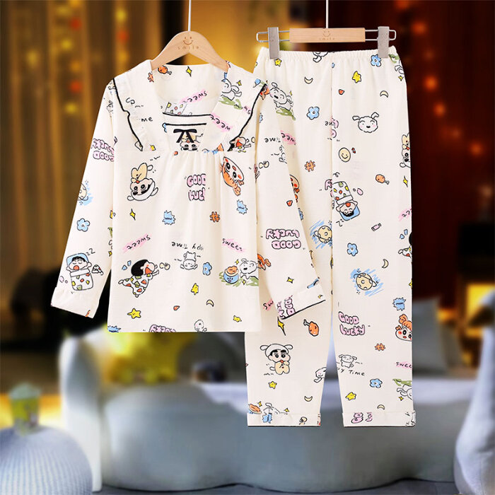 Bộ Đồ Ngủ Vải Voan Dài Tay Quần Dài Ren Mùa Xuân Thu Cho Bé Gái 8-9-10 Tuổi Bộ Đồ Ngủ Vải Cotton Pha