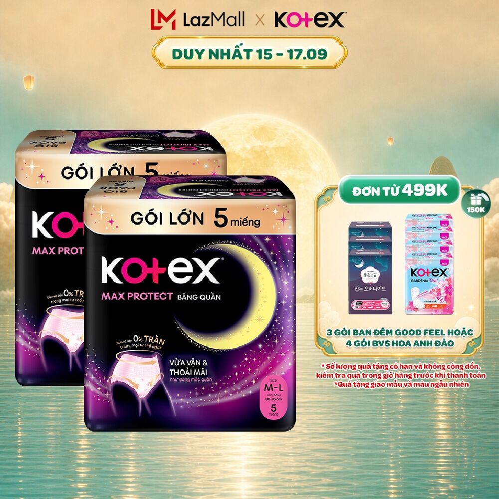 Combo 2 Băng Vệ Sinh Kotex Ban Đêm Dạng Quần cỡ M/L 5 miếng, M/L 2 miếng, L/XL 2 miếng