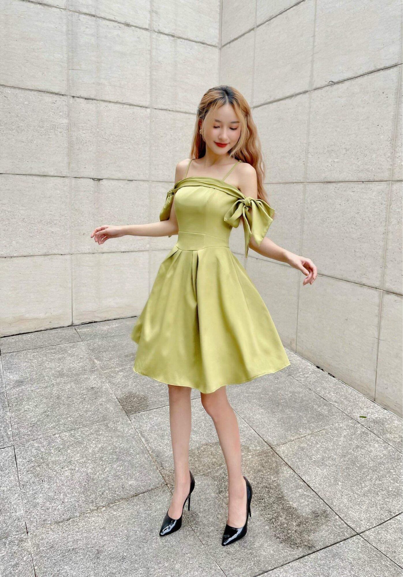 Đầm xoè tiểu thư phối nơ màu xanh màu đen thích hợp đi tiệc đi chơi đám cưới
