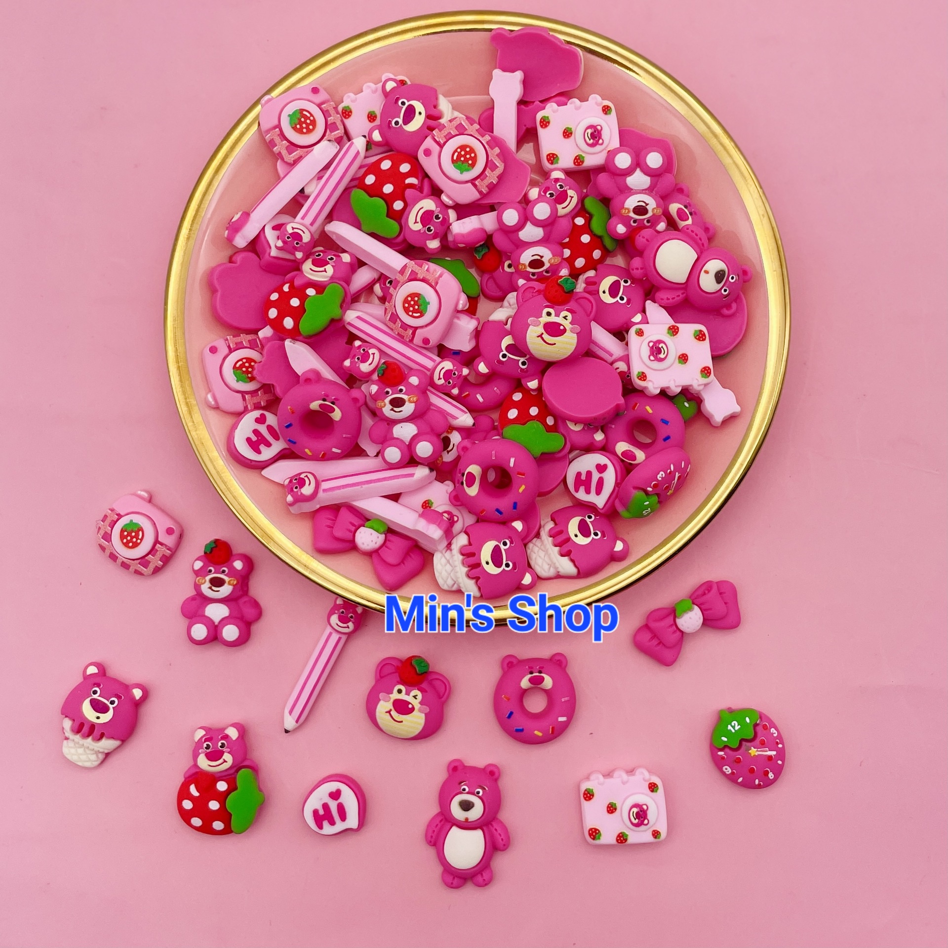 Set 100 charm gấu hồng trong/nhám Lotso siêu hot