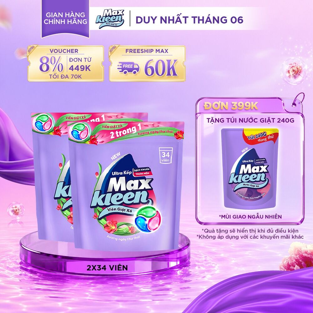 Combo 2 Túi Viên Giặt Xả MaxKleen 2 Trong 1 hương Ngày Thư Thái (34 viên/ túi)