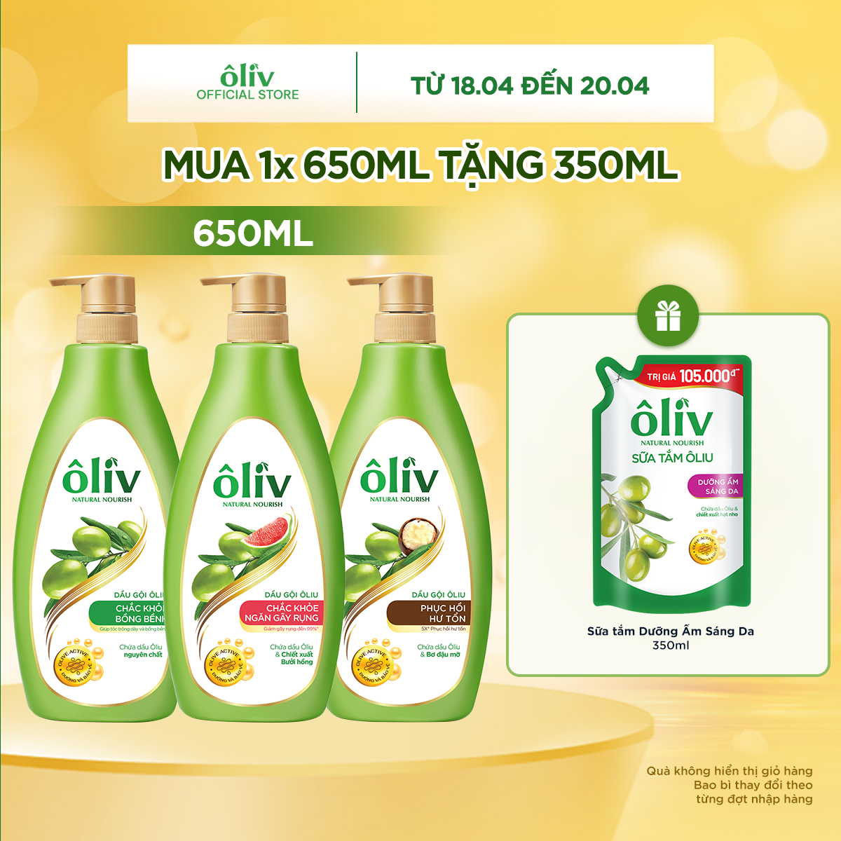 Combo Dầu Gội Ôliv Dưỡng Tóc 650ML + Tặng Túi Sữa Tắm Oliv Dưỡng Ẩm Sáng Da 350ML
