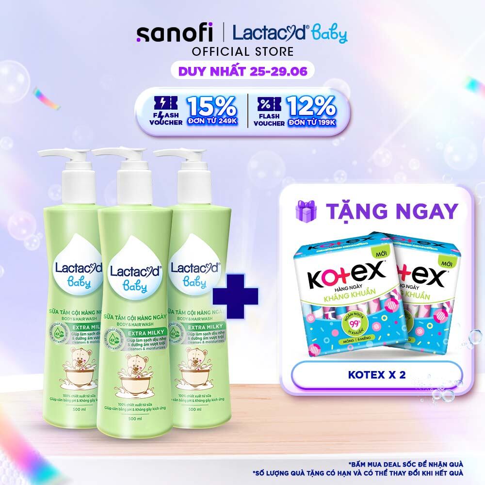 Bộ 3 chai Sữa Tắm Gội Trẻ Em Lactacyd Baby Extra Milky Làm Sạch Dịu Nhẹ và Dưỡng Ẩm Vượt Trội 500ml/chai
