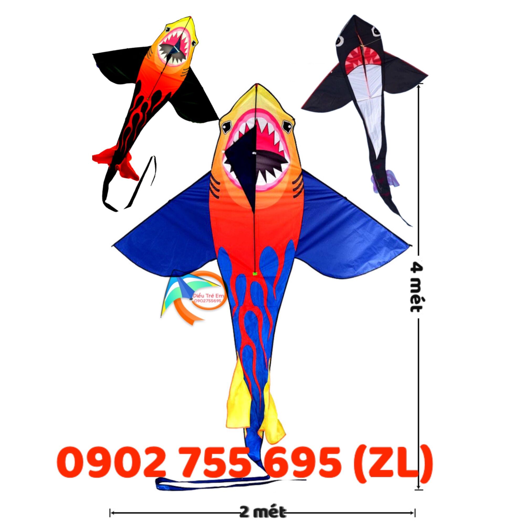 {2024} [MUA 1 ĐƯỢC 2] Diều Cá Mập 2 mét - TẶNG tay cầm thả diều 150 mét + Túi vải đựng (diều giá rẻ, diều thả, diều 3d)