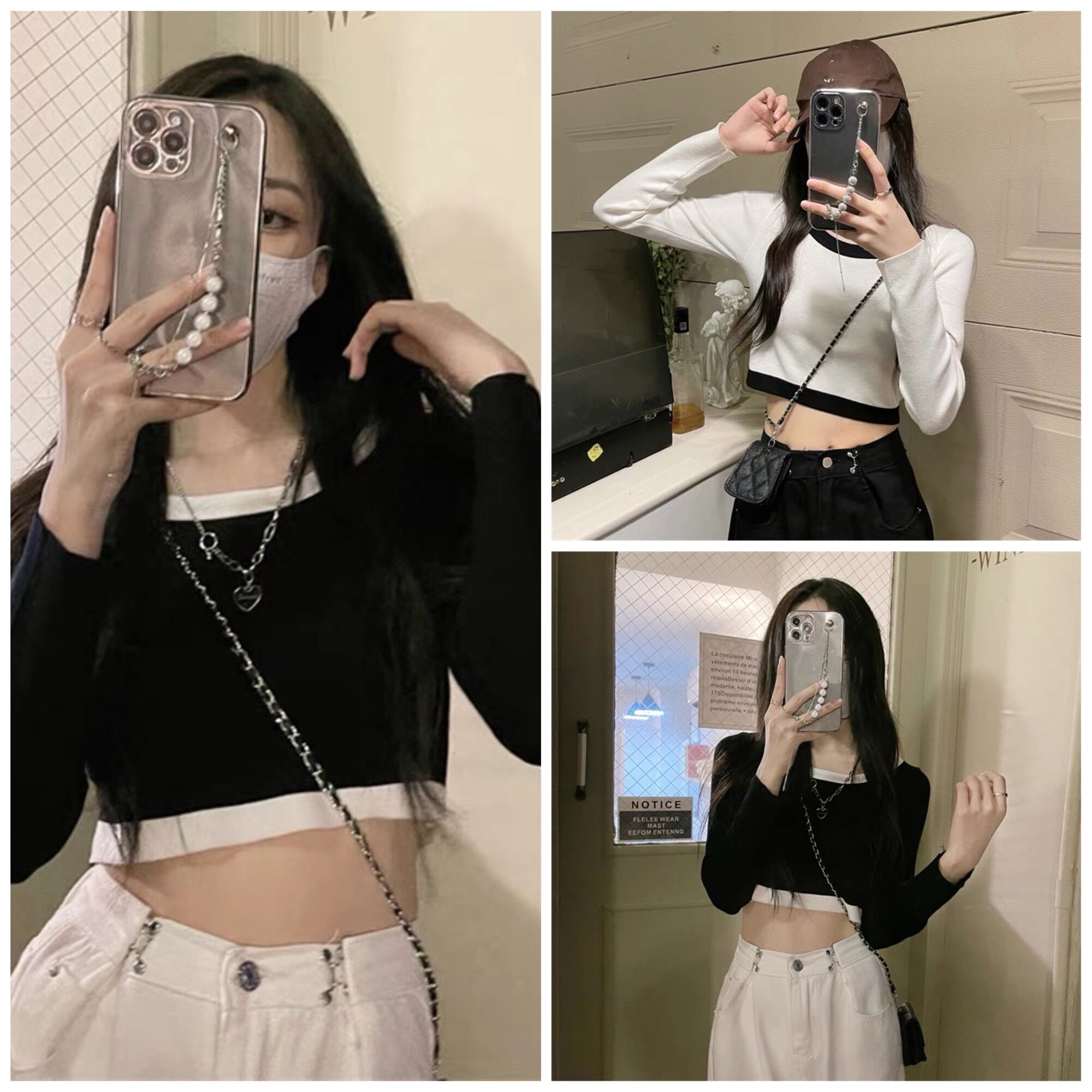 Áo kiểu thun nữ croptop cổ tròn tay dài hotgirl dễ thương