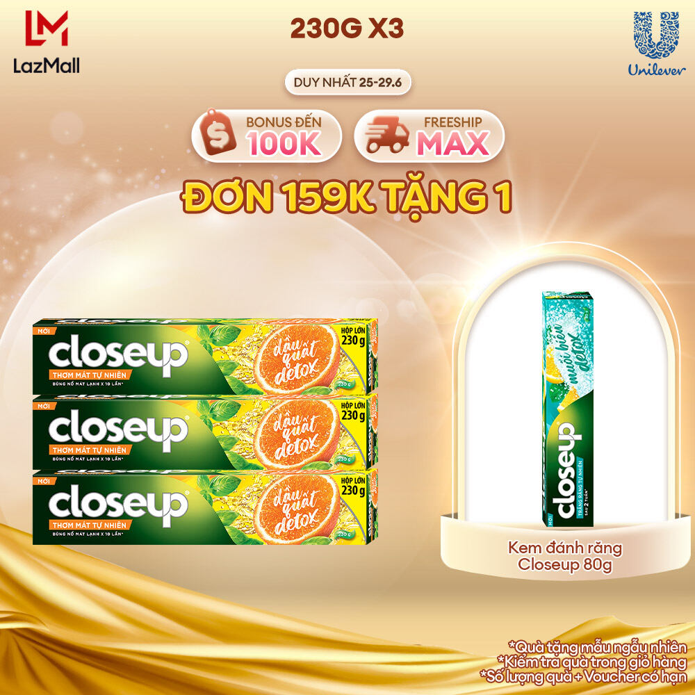 Combo 3 Kem Đánh Răng Closeup Cho Hơi Thở Thơm Mát Tự Nhiên Với Chiết Xuất Dầu Quất Và Lá Thảo Dược Detox 230G/Tuýp