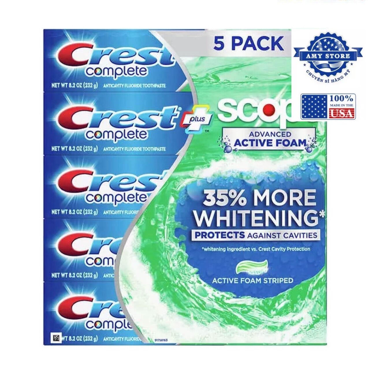 Sét 5 tuýp kem đánh răng crest whitening + scope advanced của mỹ, amy store hàng nhập mỹ chính hãng