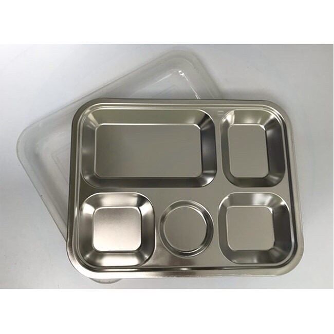 Khay cơm phần 5 ngăn inox cạn có nắp đậy kt 31x24cm