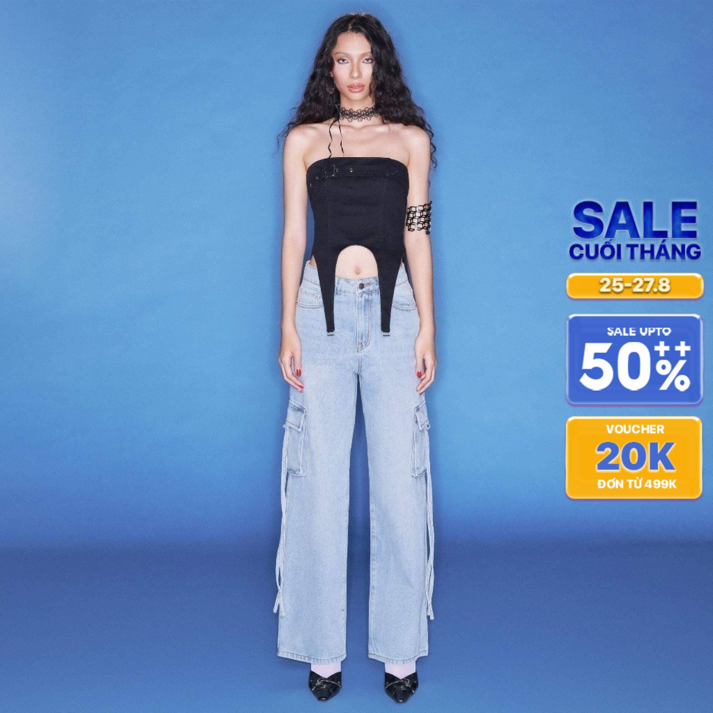 CARA Quần jean dài ống suông rộng Tindy túi hộp 2 bên chất dày dặn cá tính