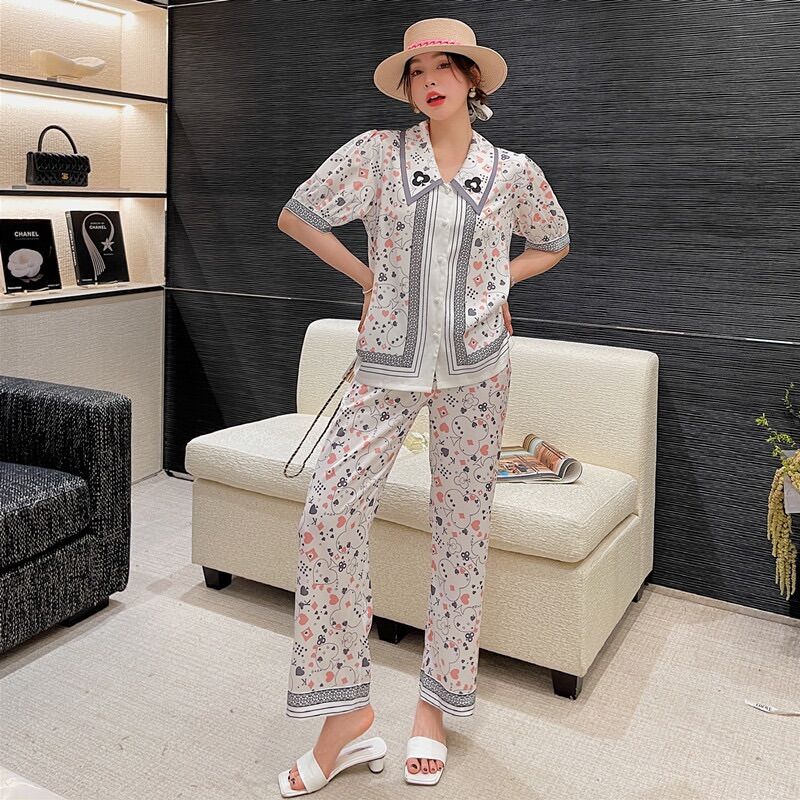 Pijama lụa cao cấp Quảng Châu áo cộc quần dài [ảnh thật]
