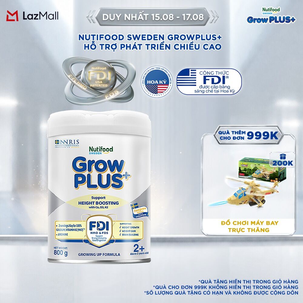 Sữa Bột Nutifood Sweden GrowPLUS+ Cao lớn vượt trội trên 2 tuổi (Bạc) 800g - Hỗ trợ phát triển chiều cao