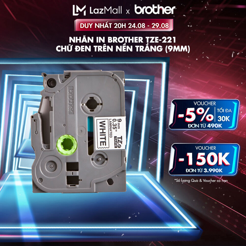 Nhãn in Brother TZe-221 chữ đen trên nền trắng