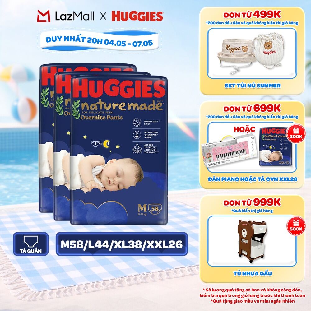 Combo 3 Tã quần Huggies Naturemade ban đêm M58/L44/XL38/XXL26