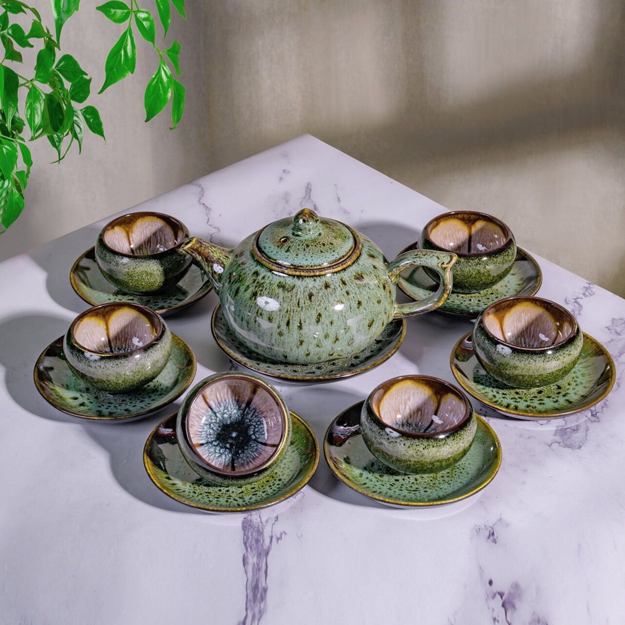Bộ ấm chén men gấm- hỏa biến, hàng nghệ nhân. Gốm sứ Bát Tràng cao cấp.