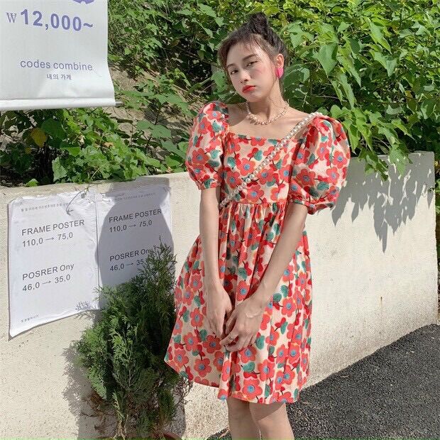 Đầm suông babydoll hoa đỏ cổ vuông đi dạo đi chơi siêu xinh xắn