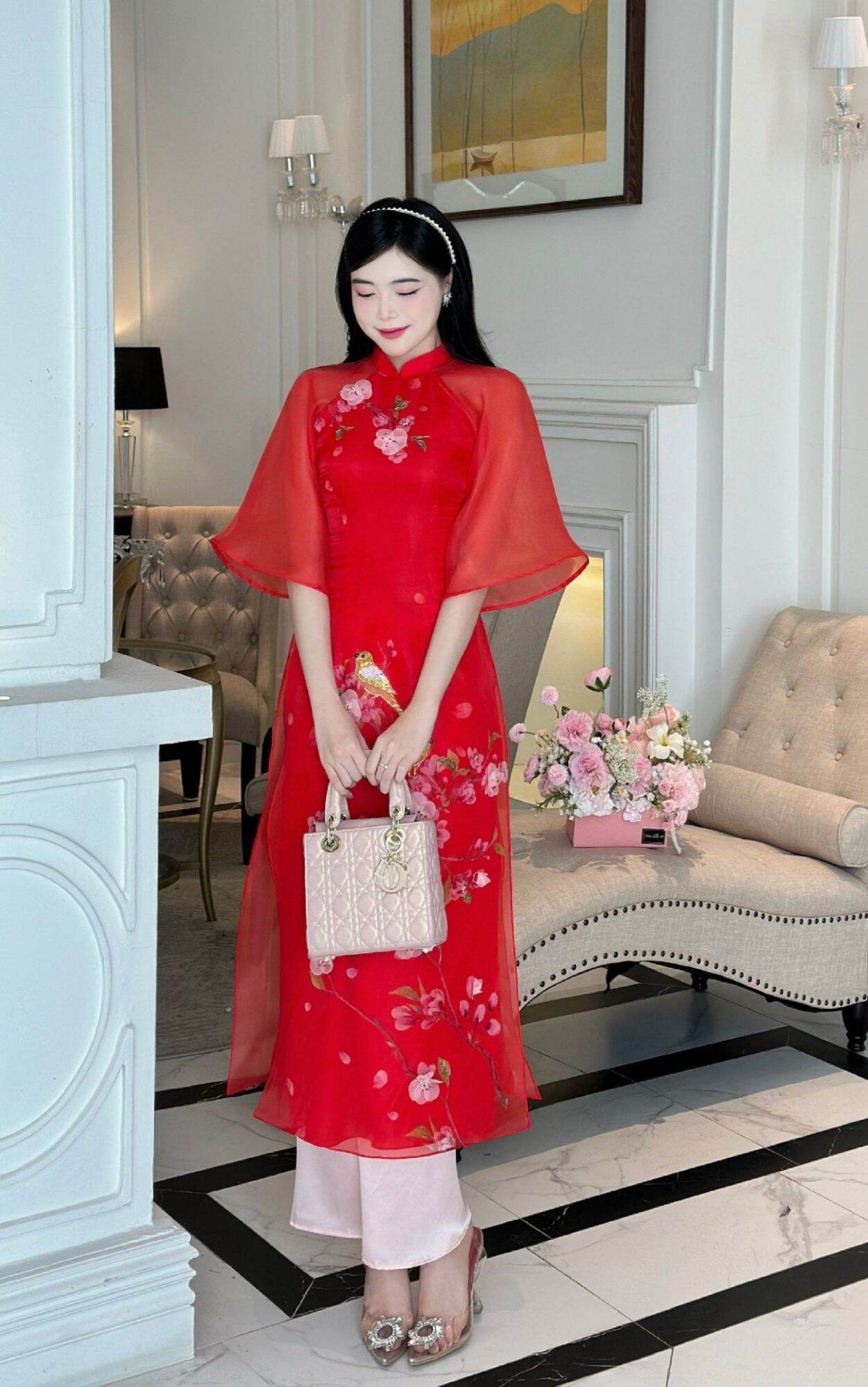 Áo dài cách tân nữ đỏ phối tay voan trắng bồng bềnh - A18