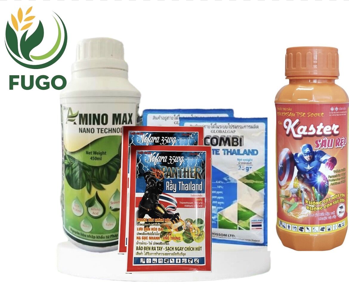 Bộ sản phẩm bảo vệ cơi đọt mới 1 chai amino max +1 chai hunter sâu rệp+ 2 gói combi + 2 gói panther rầy sạch sâu rầy–mập đọt- xanh lá - dầy và mướt lá