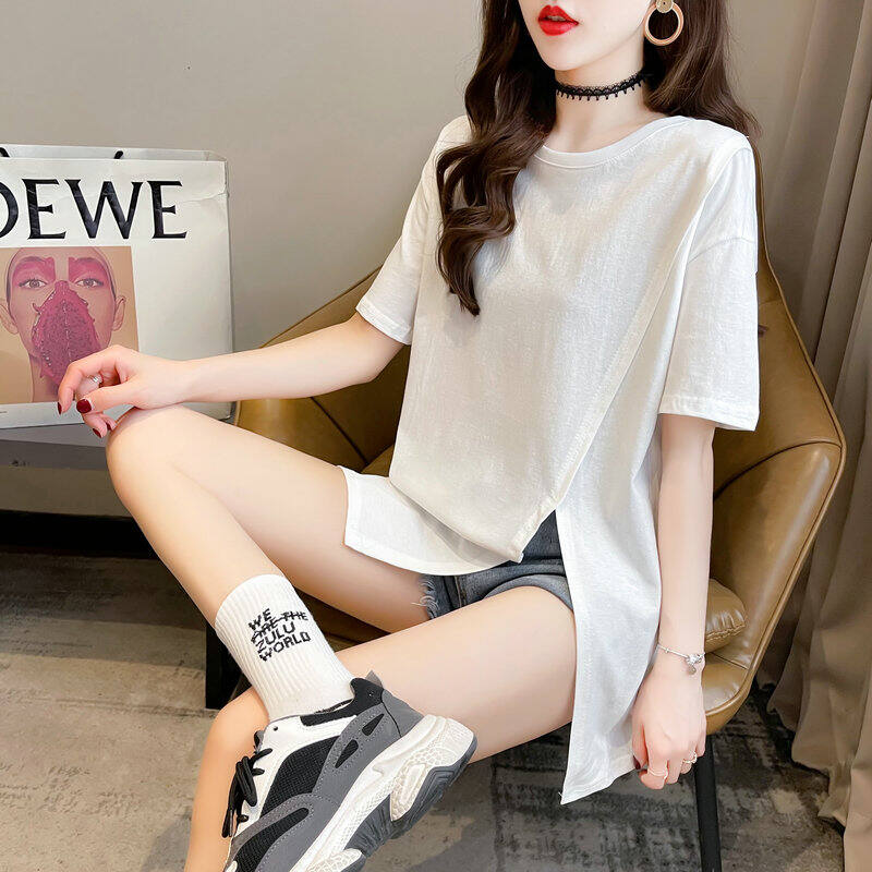 Trang Phục Nữ Cỡ Lớn Áo Thun Ngắn Tay Màu Trơn Mùa Hè Áo Cô Nàng Mập Dáng Gầy Che Bụng Cảm Giác Thiết Kế Xẻ Tà Mẫu Mới 2023 Cho Nữ
