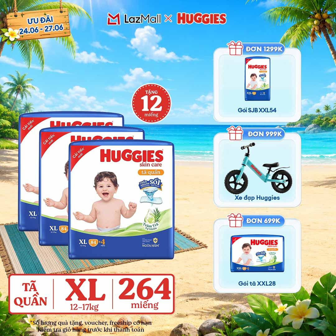 [Chỉ 25-29.06 GIẢM THÊM 90K] Combo 3 Gói Tã/bỉm quần HUGGIES SKINCARE MEGA JUMBO size XL84+4 miếng