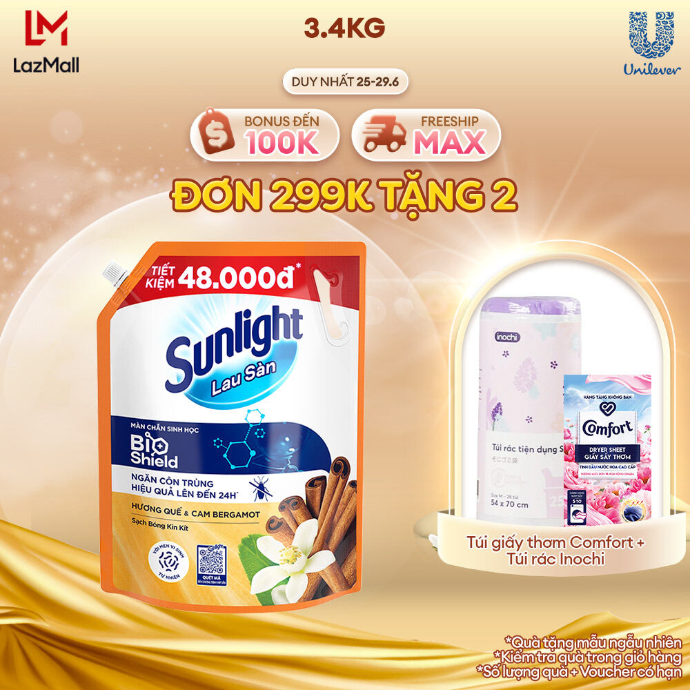 Nước lau sàn Sunlight BIOSHIELD Quế & Cam Bergamot Túi 3.4kg | Công nghệ BIOSHIELD | Ngăn côn trùng hiệu quả