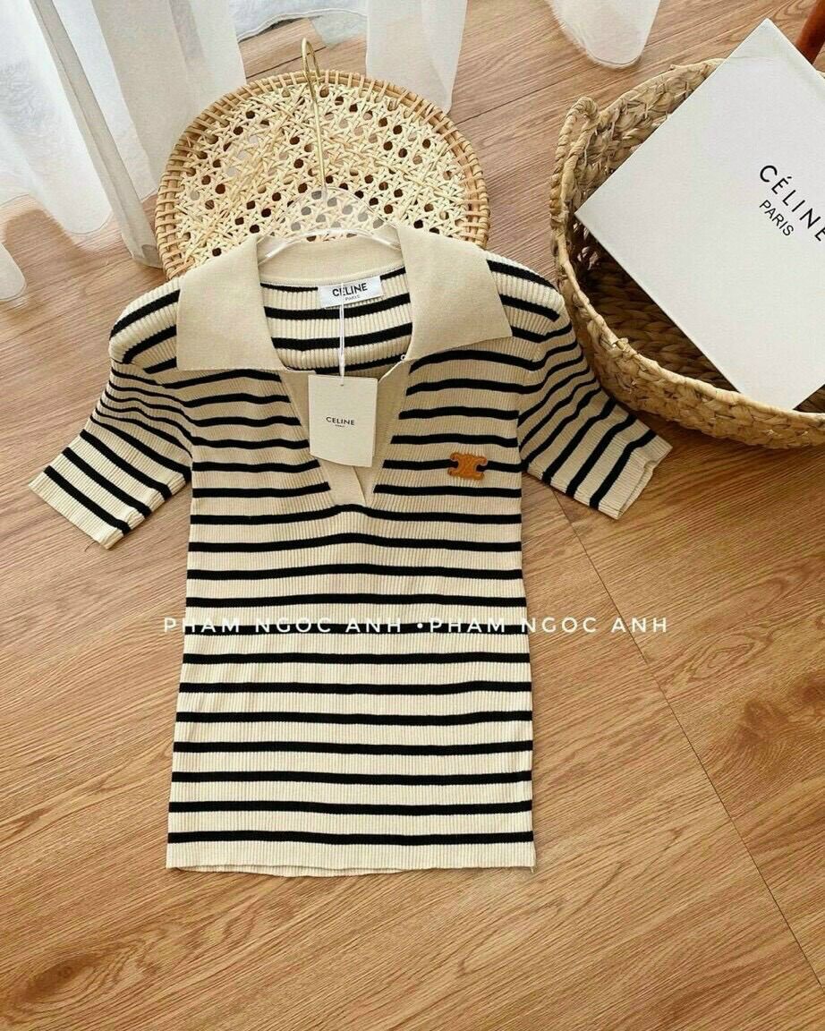 Áo sọc cổ trụ gắn chữ TS