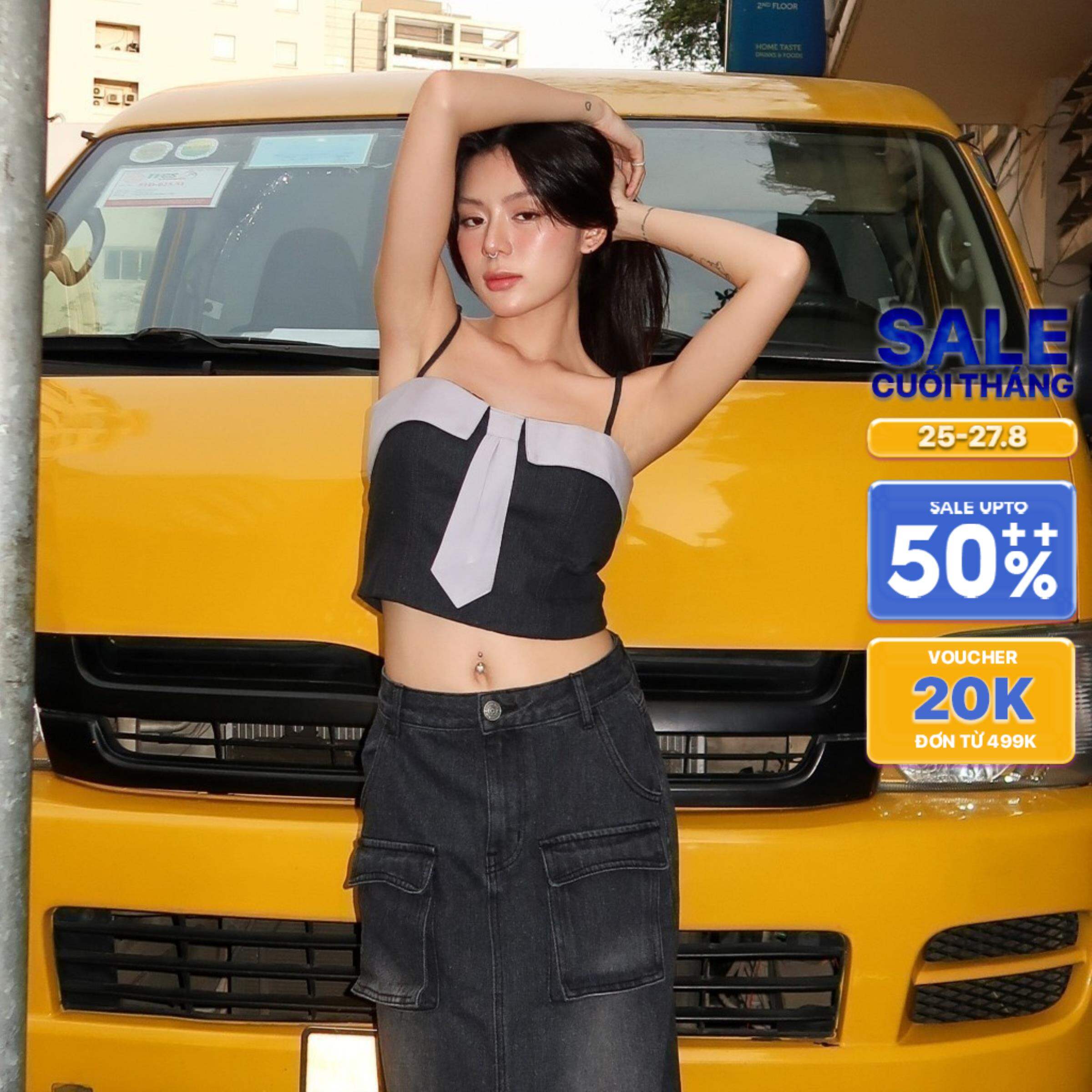 CARA Áo croptop jean hai dây nữ Nara đính kiểu cà vạt cá tính