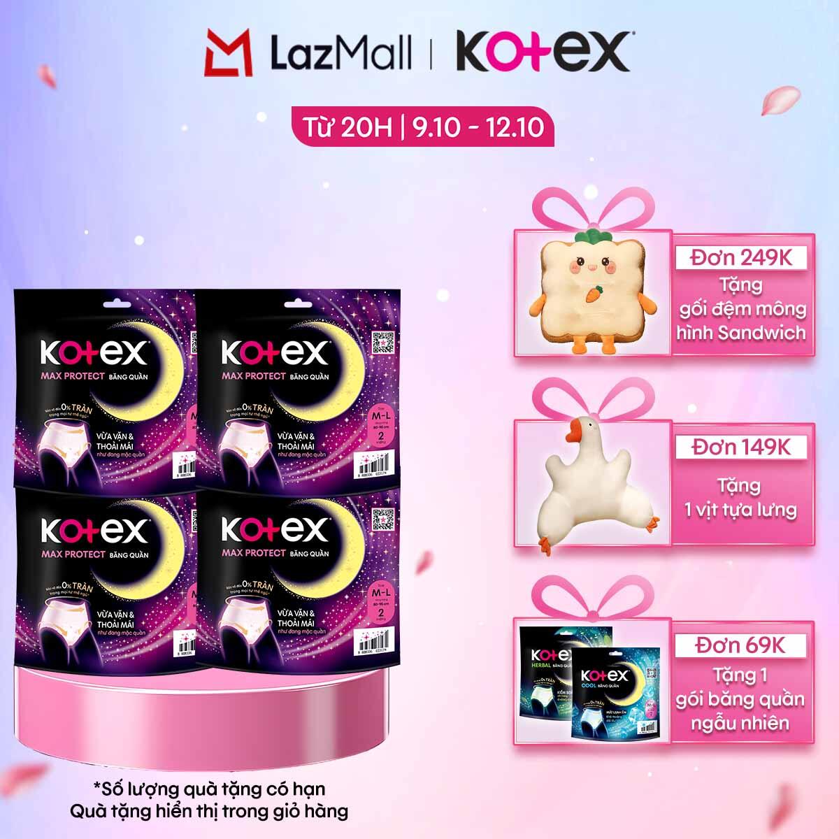 [CHỈ 20H 09-12/10 QT Đơn 69K/149K/249K]  Combo 4 gói BVS Kotex Ban Đêm Dạng Quần cỡ M/L 2x4 miếng