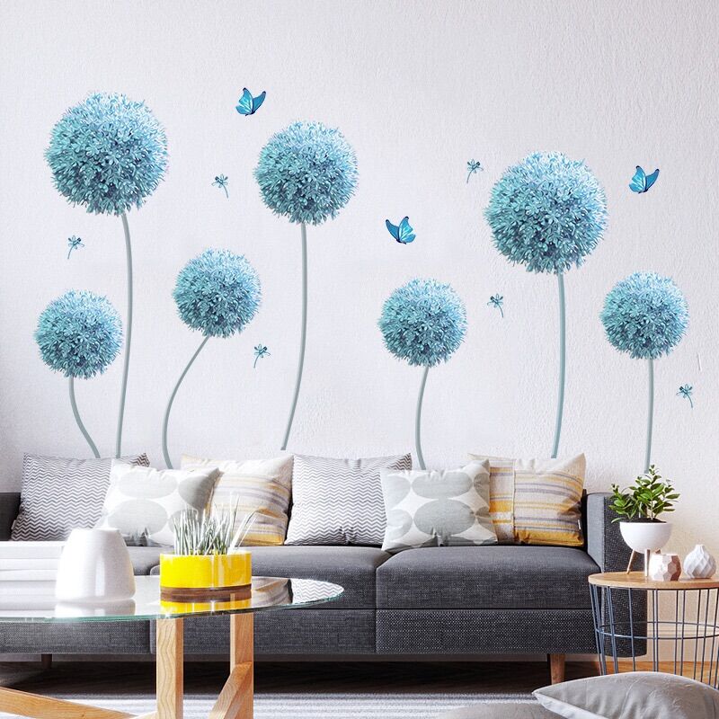 Decal dán tường phòng khách cẩm tú cầu xanh.