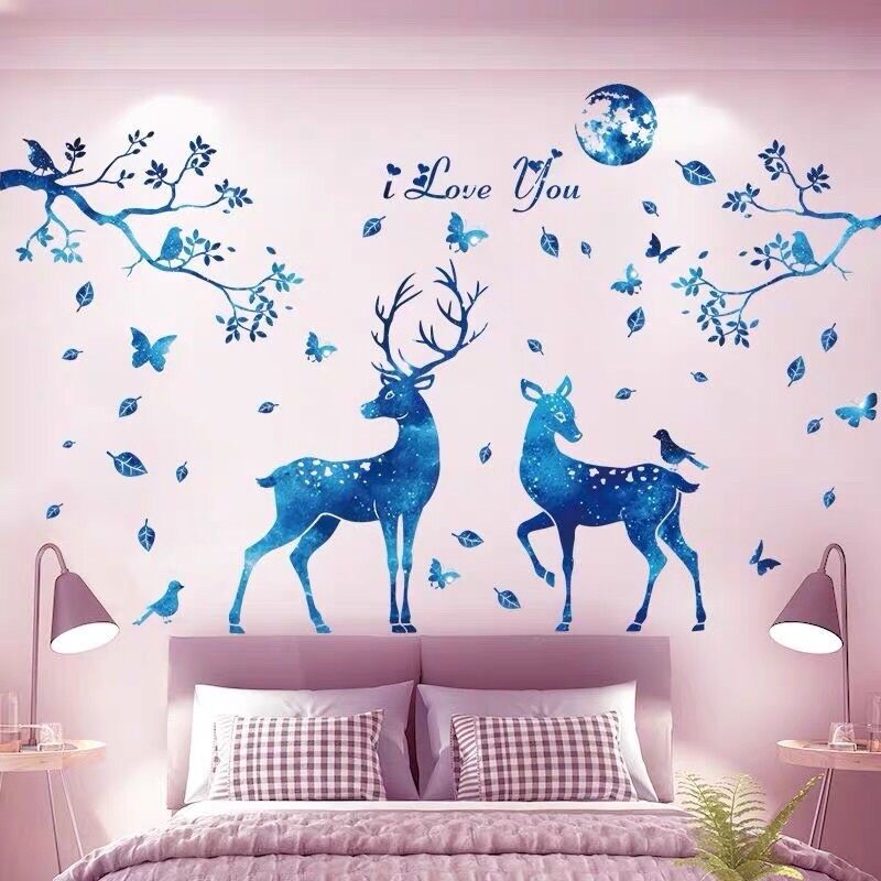 Decal dán tường đôi nai xanh và cửa sổ( tranh ghép)
