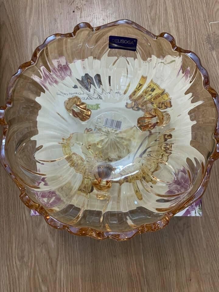 Đĩa 3 chân thủy tinh vàng