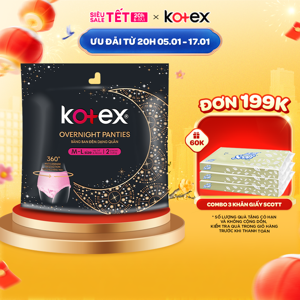 (Thùng 16 gói) Kotex đêm dạng quần cỡ M/L và L/XL (2 quần/gói)