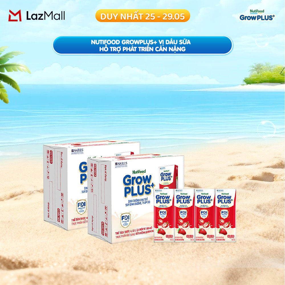 Combo 2 Thùng 24 hộp Sữa bột pha sẵn Nutifood GrowPLUS+ Vị Dâu Sữa hộp 180ml - Hỗ trợ phát triển cân nặng