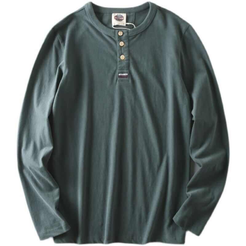 Áo Phông Nam Phong Cách Nhật Bản Đơn Giản Cắt Mác Hàng Xuất Dư Bò Hàng Xuất Dư Áo Mặc Trong Dài Tay Cổ Tròn Cotton Cổ Henly Mềm Mại