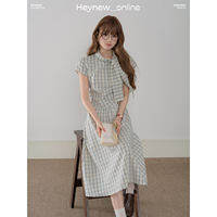 loveheynew | Đầm Dáng Vintage Mùa Hè Tay Ngắn Cổ Plaid Thời Trang