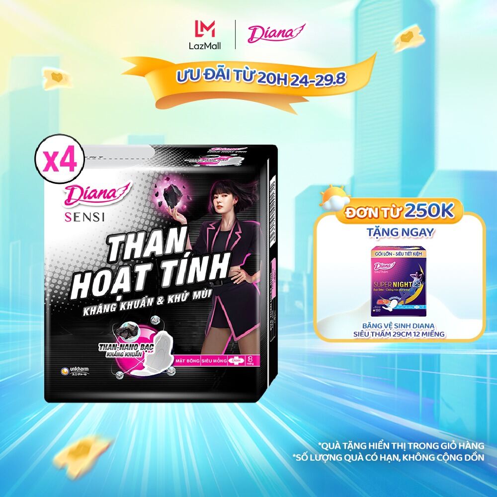 Combo 4 Diana Sensi Than Hoạt Tính Siêu mỏng cánh 8 miếng