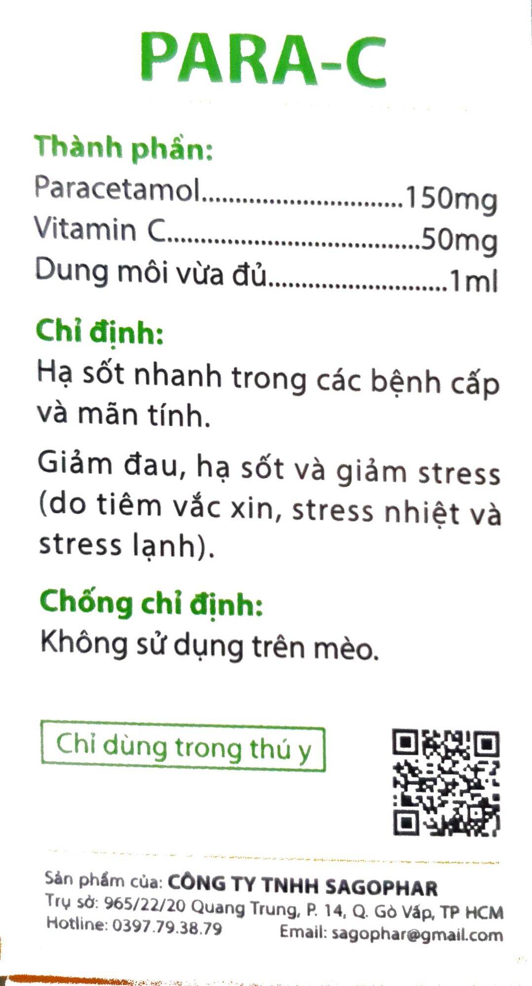 PARA C (20ml) - Giảm đau, hạ sốt cho gà đá