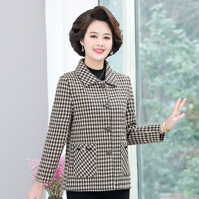 Thời trang/ phong cách ngắn mùa thu áo khoác ngoài mùa xuân dành cho nữ trung niên kẻ caro áo phông mỏng cổ polo cúc áo một hàng rộng rãi loại