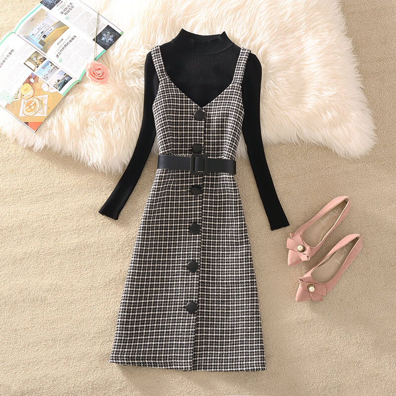 Spring 2021new Women's Plaid Woolen Dress Two-Piece Suit Skirt Tight Waist Elegance Retro Suspender Skirt Women