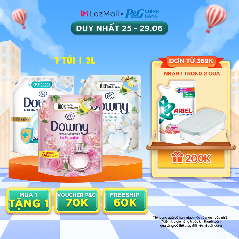 Nước Xả Vải DOWNY 3L Nhiều Mùi Hương Dịu Nhẹ Kháng Khuẩn/ Bung Toả Hạnh Phúc/ Đóa Hoa Thơm Mát/ Yêu Thương T.Khiết/ Oải Hương