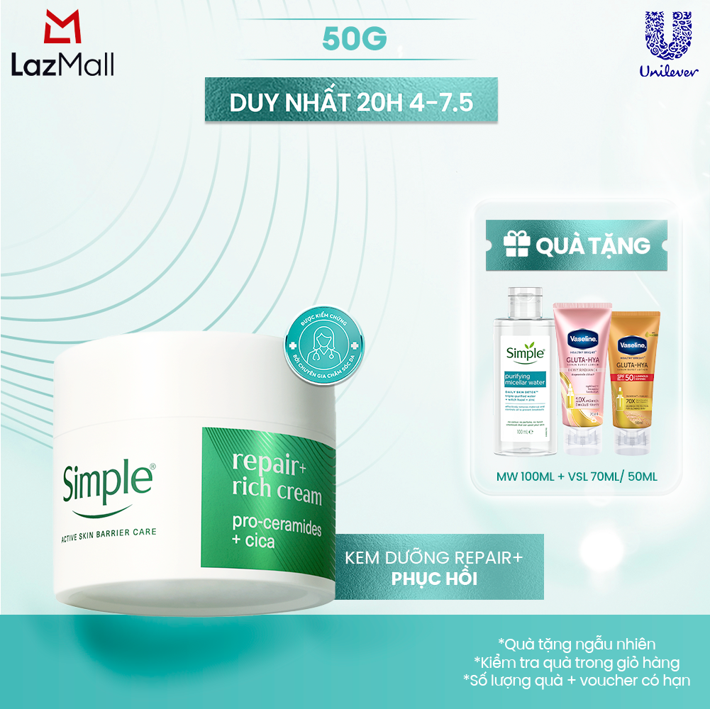 [MỚI] Kem Dưỡng Simple Repair+ 50ml Cải Thiện Hàng Rào Bảo Vệ Da Sau 2 Giờ - phục hồi
