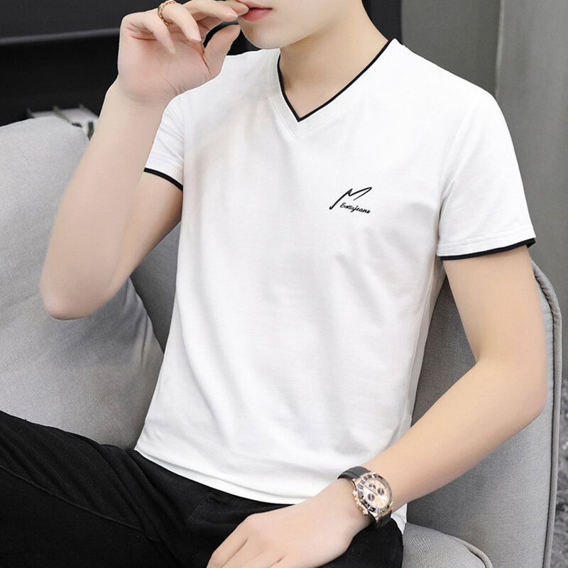 Áo Thun Nam Tay Ngắn Áo Thun Cổ Tim Chữ V 2023 Cotton Cho Thanh Niên Áo Thun Dễ Phối Thời Trang