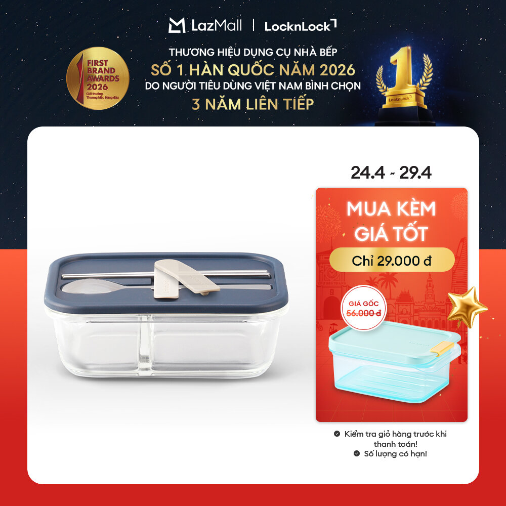 Hộp cơm thủy tinh LockLock kèm muỗng đũa 930ml - LLG991CL - Chia 2 ngăn - Dùng trong lò vi sóng - Màu Xanh/Hồng