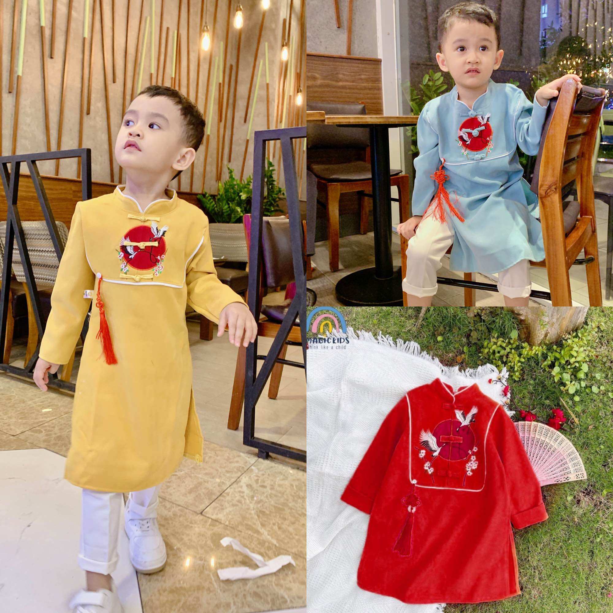 Áo dài tết thêu hạc màu đỏ xanh vàng cho bé trai 10kg - 22kg