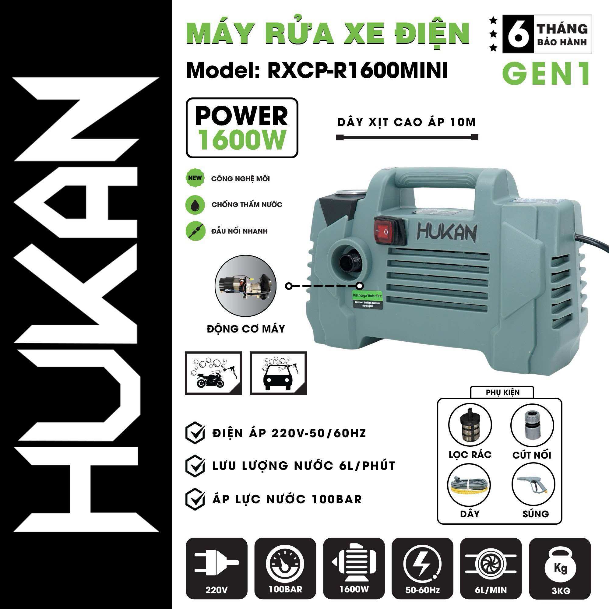 Máy rửa xe điện mini HUKAN RXCP-R1600mini 1600W dây đồng 100%