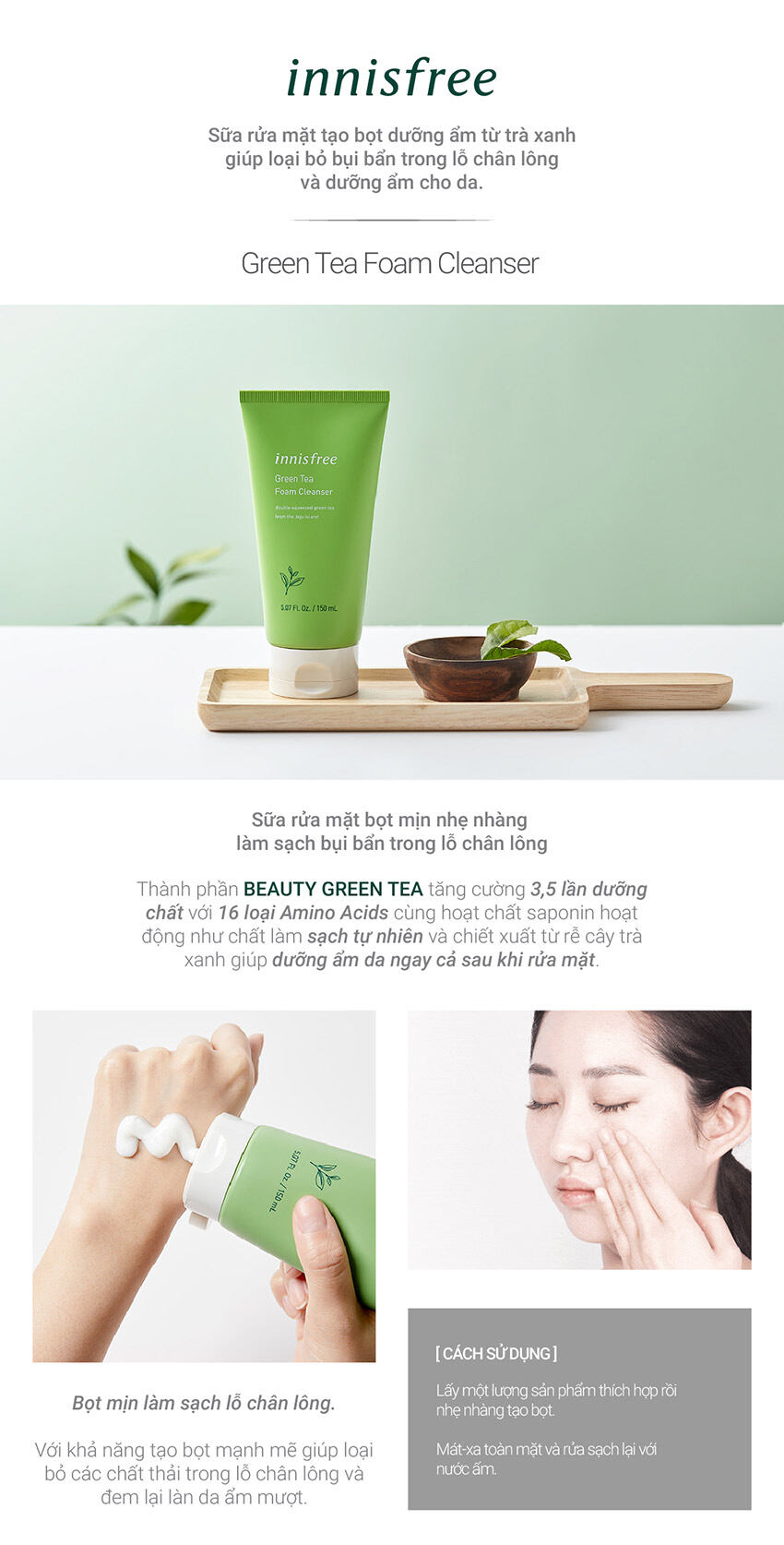 Sữa rửa mặt Trà Xanh Innisfree Gree Tea Cleansing Foam