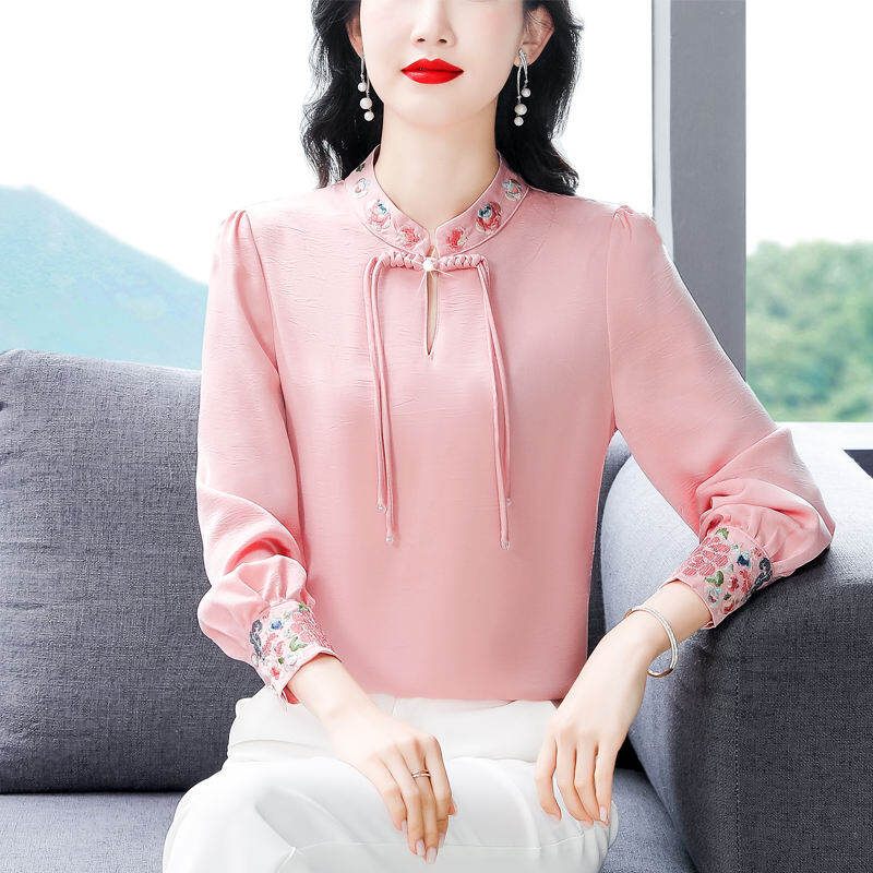 MAIMEI | Áo sơ mi nữ cổ đứng thêu phong cách Trung Hoa cổ điển thanh lịch tassel cài nút cao cấp Áo sơ mi dài tay thường ngày thoải mái