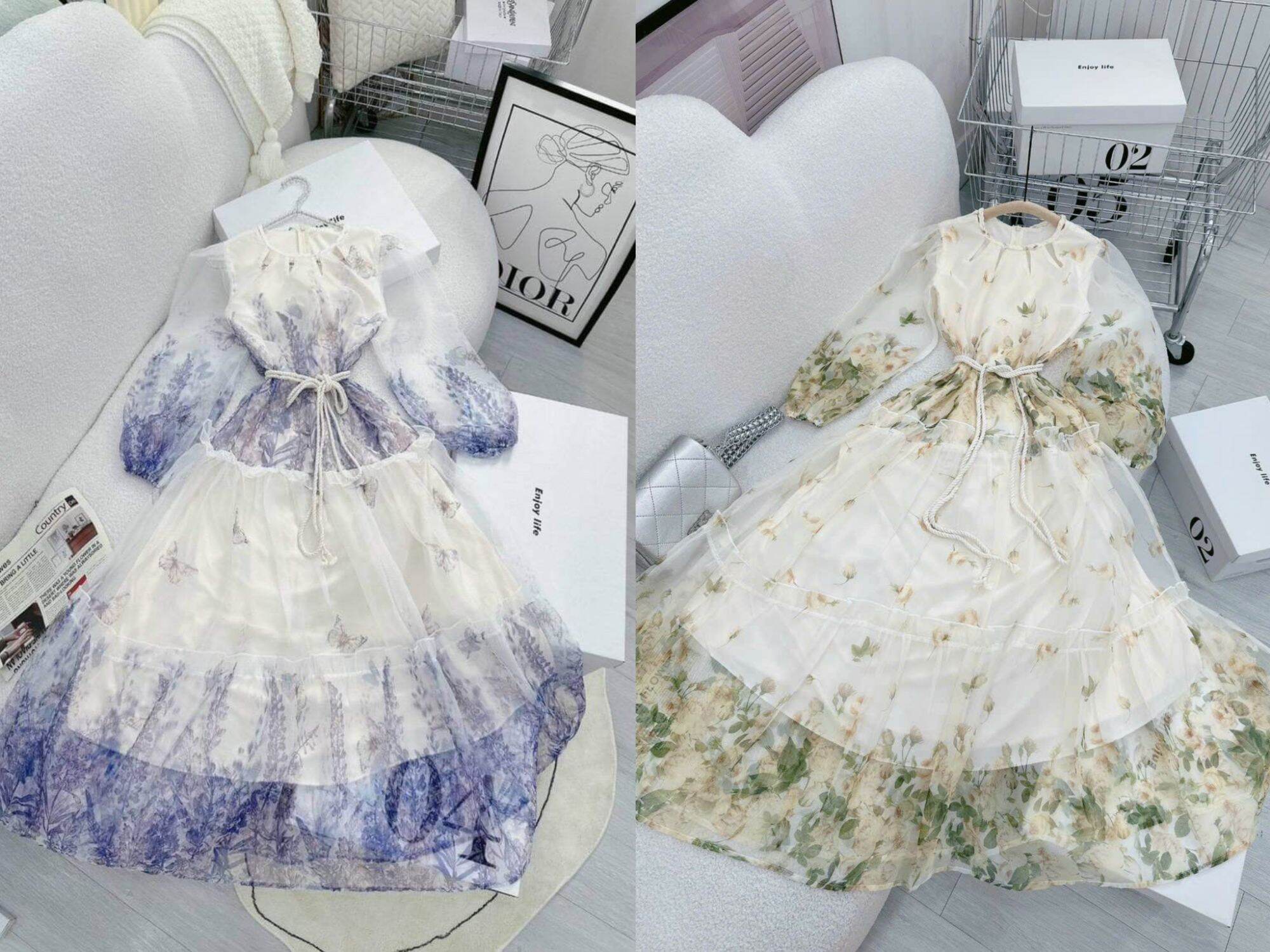 ĐẦM MAXI HOA BƯỚM TÍM KÈM DÂY THẮT LƯNG
