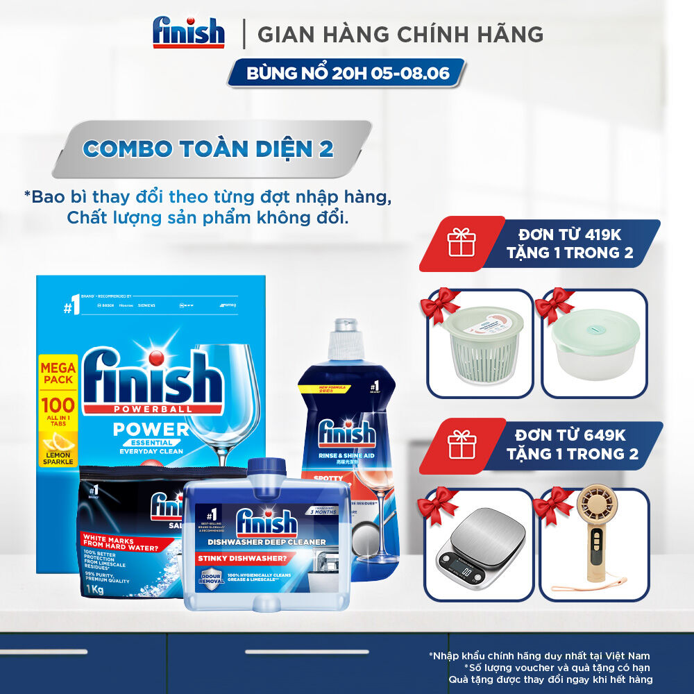 Combo Finish toàn diện 2: Hộp 100 Viên Rửa Bát Essential + Nước Làm Bóng Finish 500ml + Muối Rửa Chén Finish Salt túi 1kg + Dung dịch vệ sinh máy