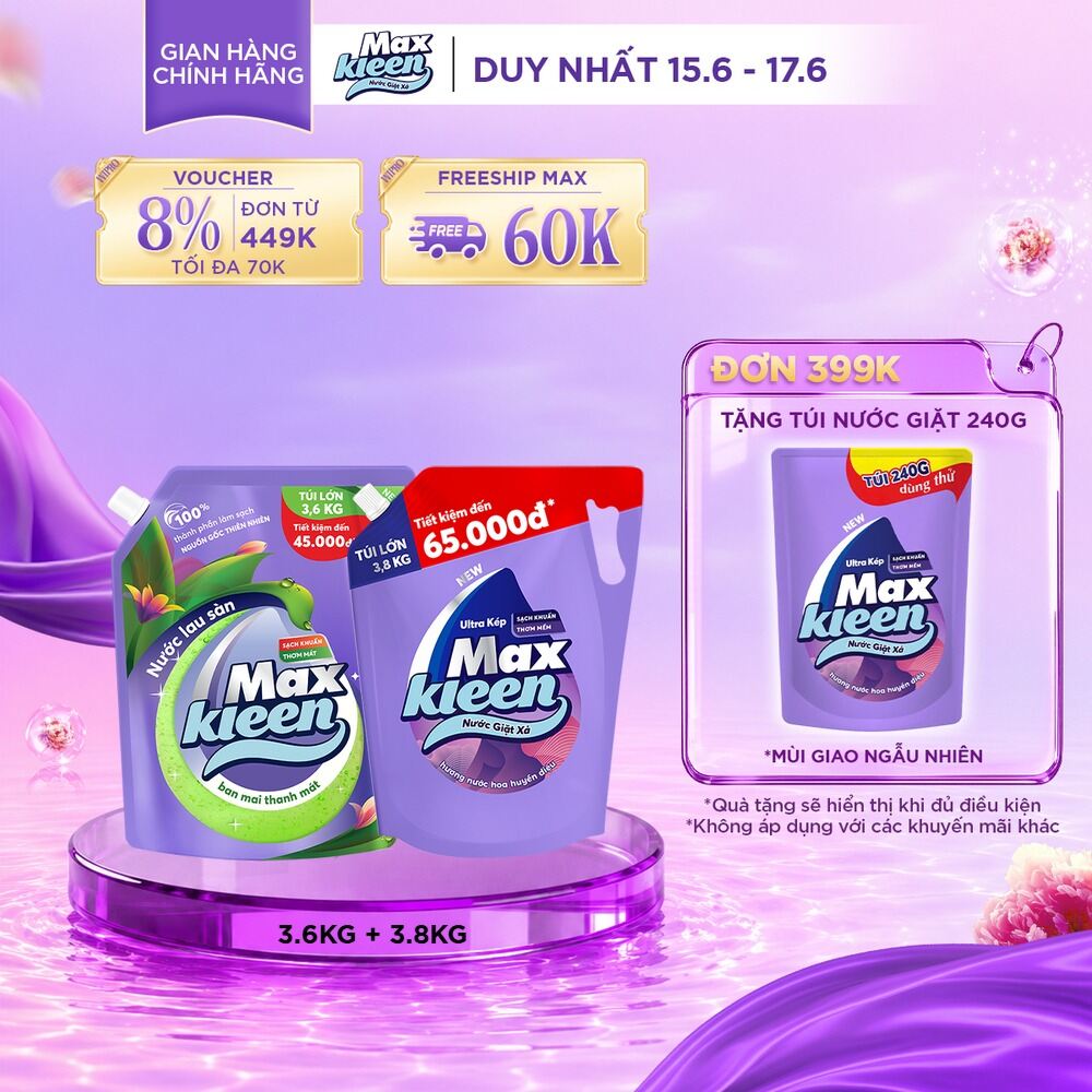 Combo Túi Nước Lau Sàn MaxKleen 3.6kg Ban Mai Thanh Mát + Túi Nước Giặt Xả MaxKleen 3.6kg/3.8kg (Hoa Nắng/Huyền Diêu/Vườn Sớm Mai/Thiên Nhiên)
