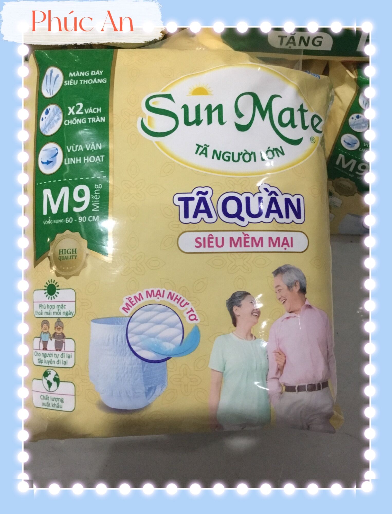 Tã quần người lớn sunmate siêu mềm mại size m 9 miếng vòng bụng 60 đến 90 cm - tã quần người già sunmate m9